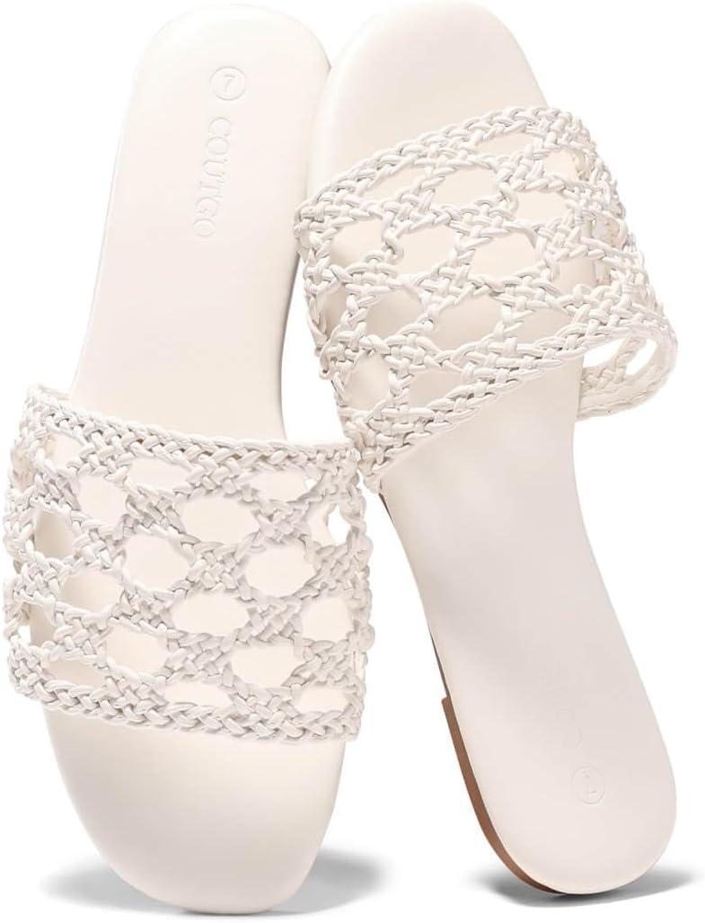 image:imageCoutgo Womens Flat Sandals Braided Open Square Toe Slip On Slide Sandals Dressy Beach Vacation ShoesWhite