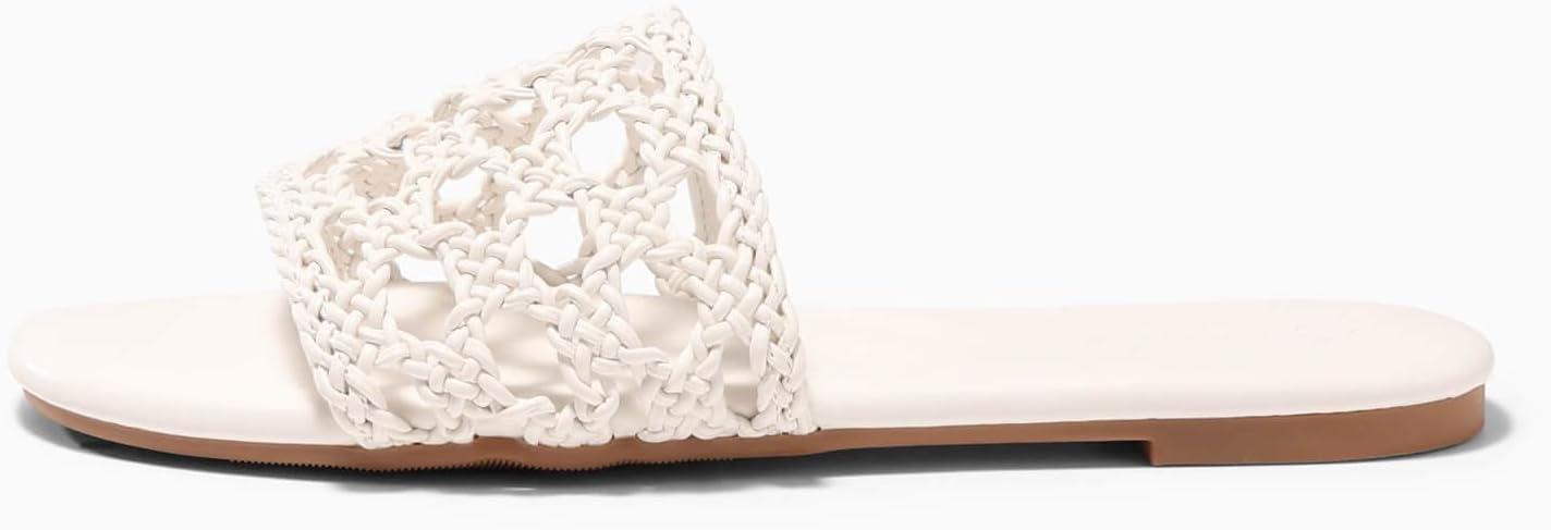 image:imageCoutgo Womens Flat Sandals Braided Open Square Toe Slip On Slide Sandals Dressy Beach Vacation ShoesWhite