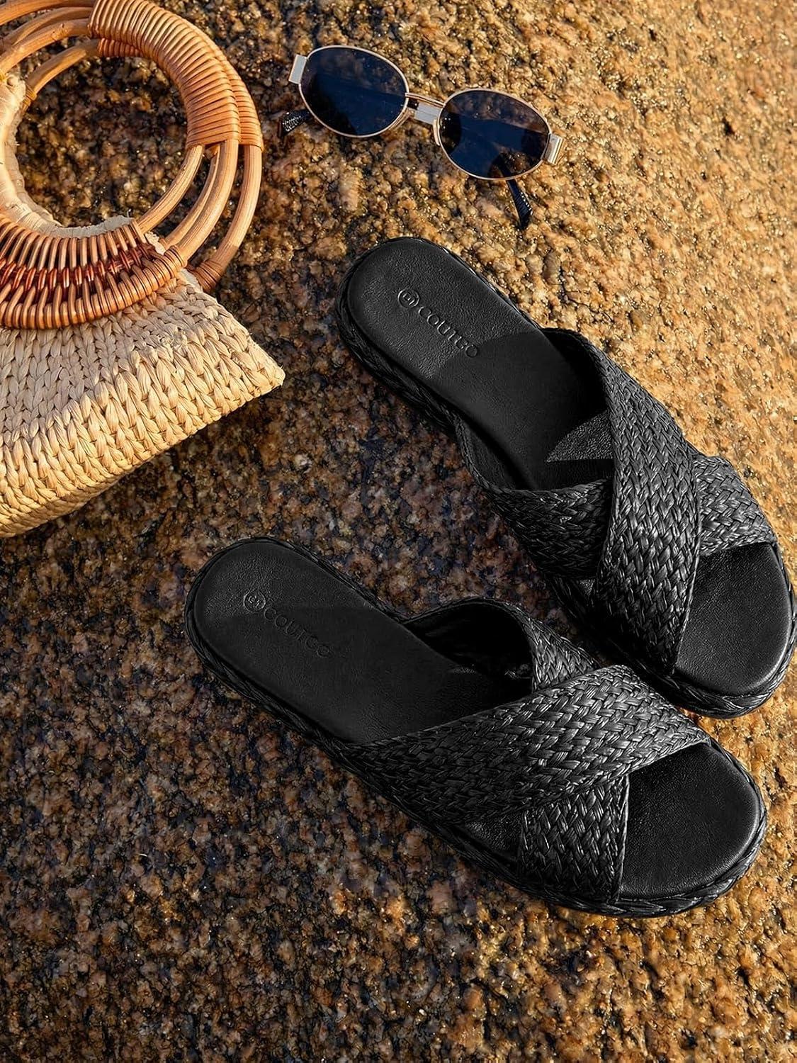 image:imageCoutgo Womens Flat Sandals Espadrilles Raffia Open Toe Slides Cross Strap Slip On Summer Dressy Beach ShoesSize Fits LargeBlack