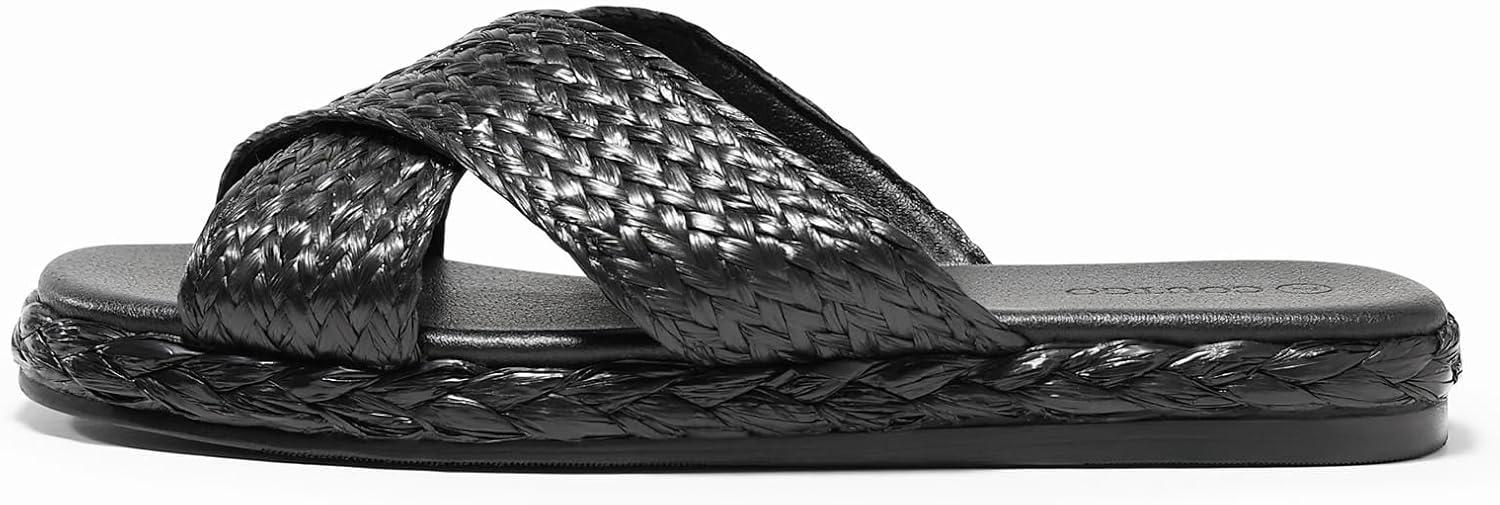 image:imageCoutgo Womens Flat Sandals Espadrilles Raffia Open Toe Slides Cross Strap Slip On Summer Dressy Beach ShoesSize Fits LargeBlack