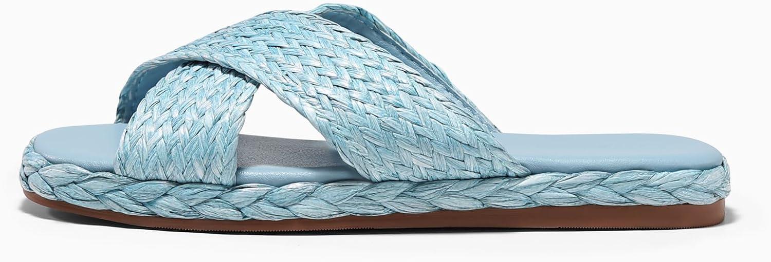 image:imageCoutgo Womens Flat Sandals Espadrilles Raffia Open Toe Slides Cross Strap Slip On Summer Dressy Beach ShoesSize Fits LargeBlue