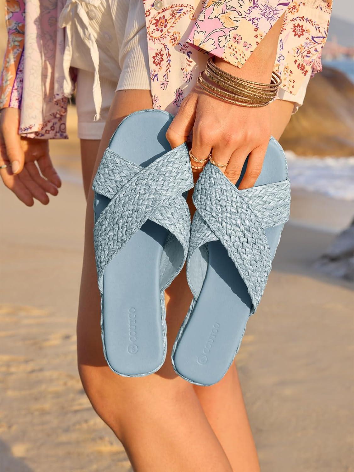 image:imageCoutgo Womens Flat Sandals Espadrilles Raffia Open Toe Slides Cross Strap Slip On Summer Dressy Beach ShoesSize Fits LargeBlue