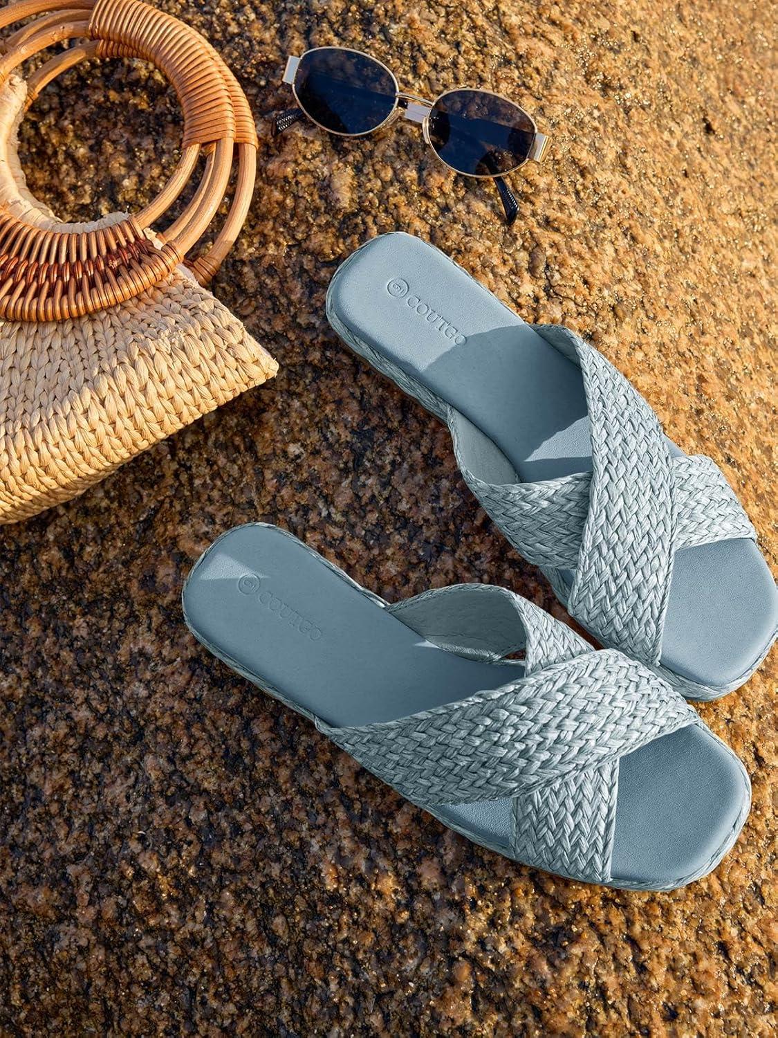 image:imageCoutgo Womens Flat Sandals Espadrilles Raffia Open Toe Slides Cross Strap Slip On Summer Dressy Beach ShoesSize Fits LargeBlue