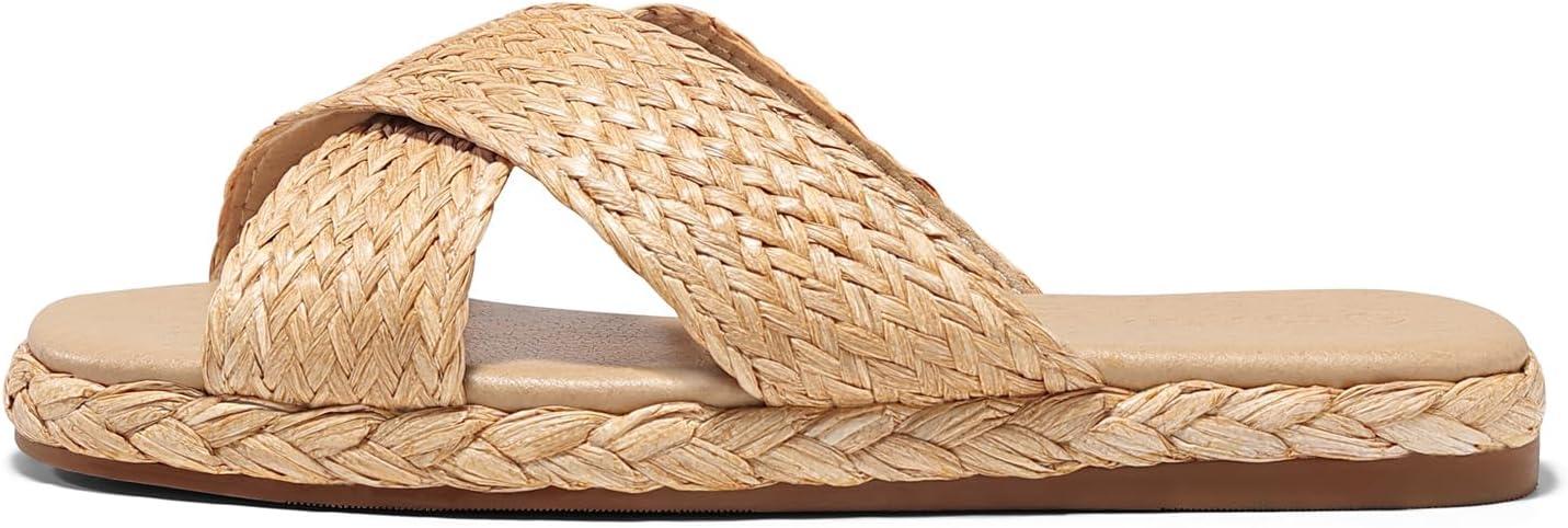 image:imageCoutgo Womens Flat Sandals Espadrilles Raffia Open Toe Slides Cross Strap Slip On Summer Dressy Beach ShoesSize Fits LargeKhaki