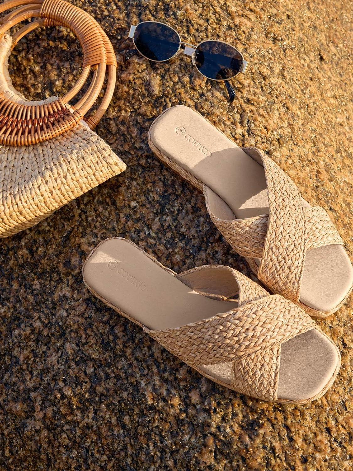 image:imageCoutgo Womens Flat Sandals Espadrilles Raffia Open Toe Slides Cross Strap Slip On Summer Dressy Beach ShoesSize Fits LargeKhaki
