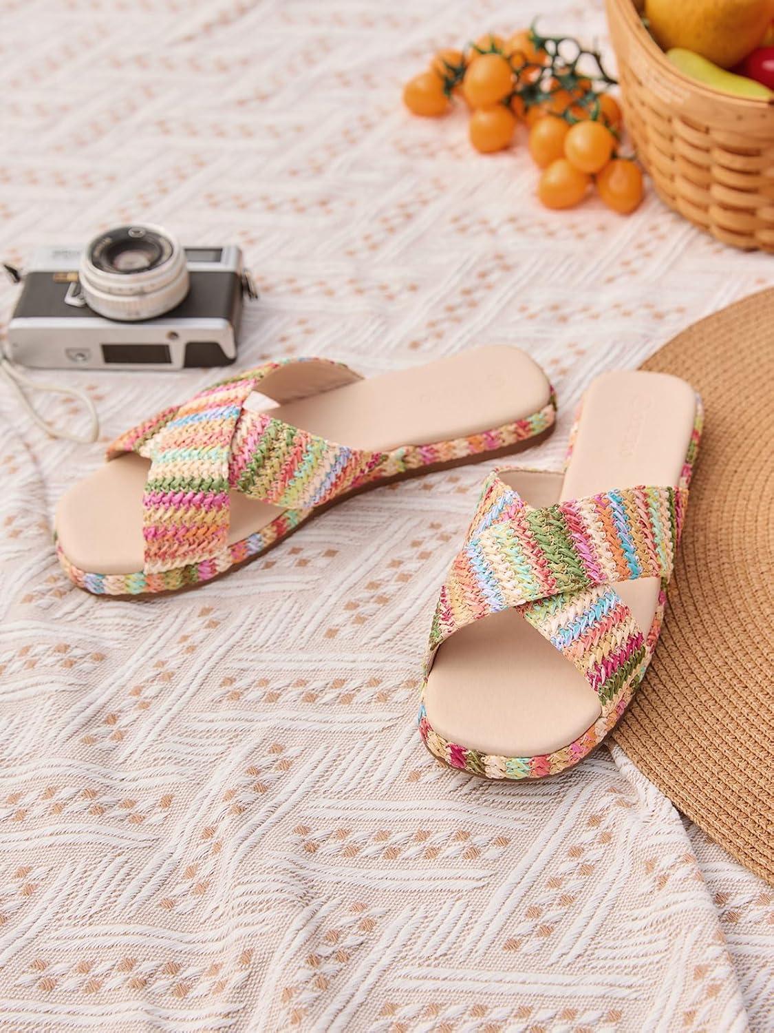 image:imageCoutgo Womens Flat Sandals Espadrilles Raffia Open Toe Slides Cross Strap Slip On Summer Dressy Beach ShoesSize Fits LargeMulticolored
