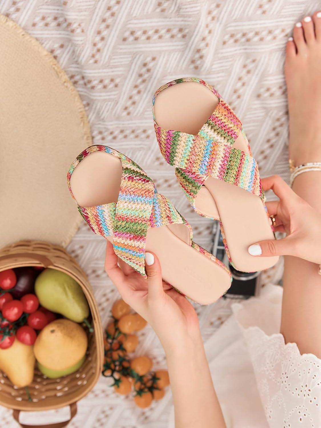 image:imageCoutgo Womens Flat Sandals Espadrilles Raffia Open Toe Slides Cross Strap Slip On Summer Dressy Beach ShoesSize Fits LargeMulticolored