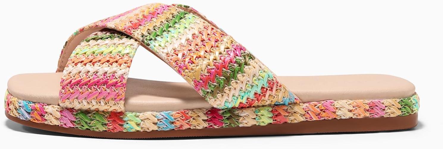 image:imageCoutgo Womens Flat Sandals Espadrilles Raffia Open Toe Slides Cross Strap Slip On Summer Dressy Beach ShoesSize Fits LargeMulticolored