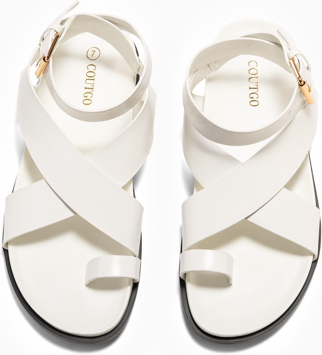image:imageCoutgo Womens Flat Thong Sandals Beach Criss Cross Ankle Buckle Strap Comfortable Footbed Summer Sandal White Size 75