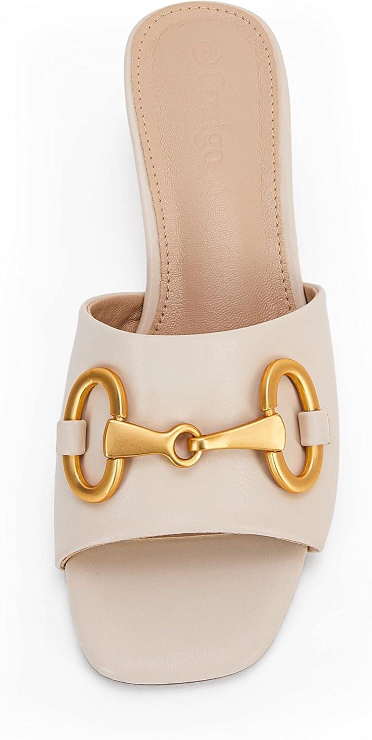 image:imageCoutgo Womens Heeled Slides Sandals Square Open Toe Slip on Comfortable Kitten Block Low Heel Metal Chain Dressy ShoesBeige