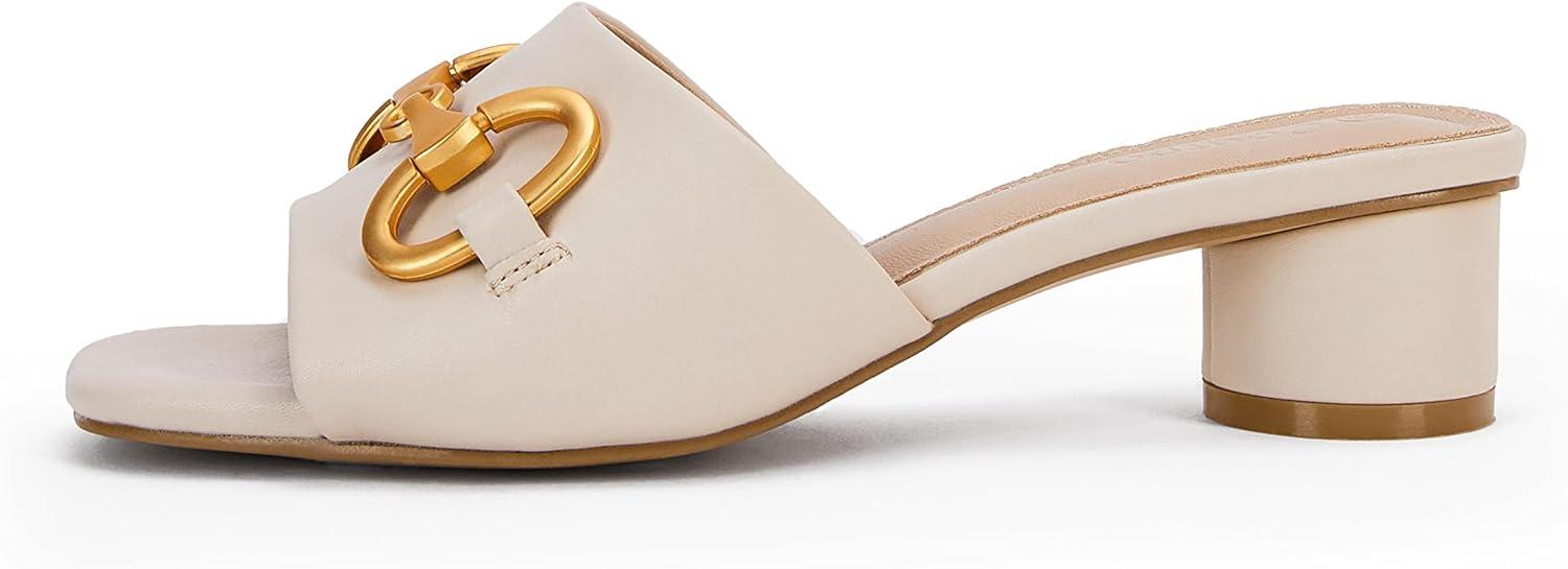 image:imageCoutgo Womens Heeled Slides Sandals Square Open Toe Slip on Comfortable Kitten Block Low Heel Metal Chain Dressy ShoesBeige