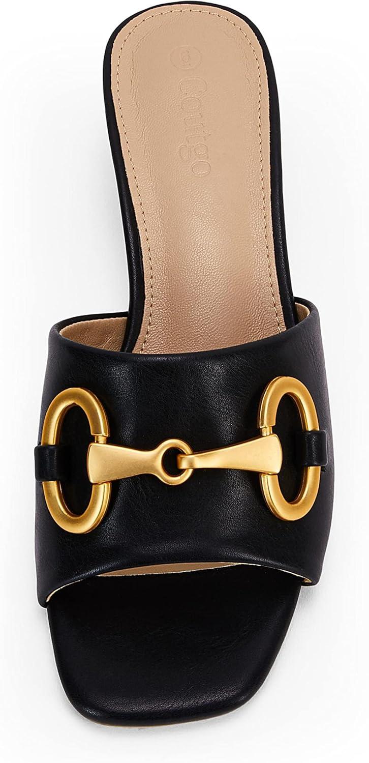 image:imageCoutgo Womens Heeled Slides Sandals Square Open Toe Slip on Comfortable Kitten Block Low Heel Metal Chain Dressy ShoesBlack