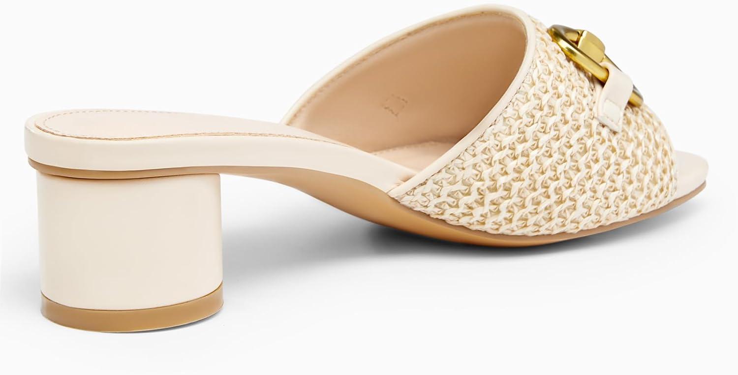 image:imageCoutgo Womens Heeled Slides Sandals Square Open Toe Slip on Comfortable Kitten Block Low Heel Metal Chain Dressy ShoesRaffia Apricot