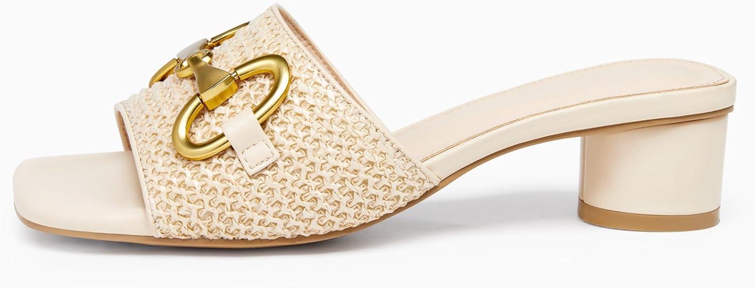 image:imageCoutgo Womens Heeled Slides Sandals Square Open Toe Slip on Comfortable Kitten Block Low Heel Metal Chain Dressy ShoesRaffia Apricot