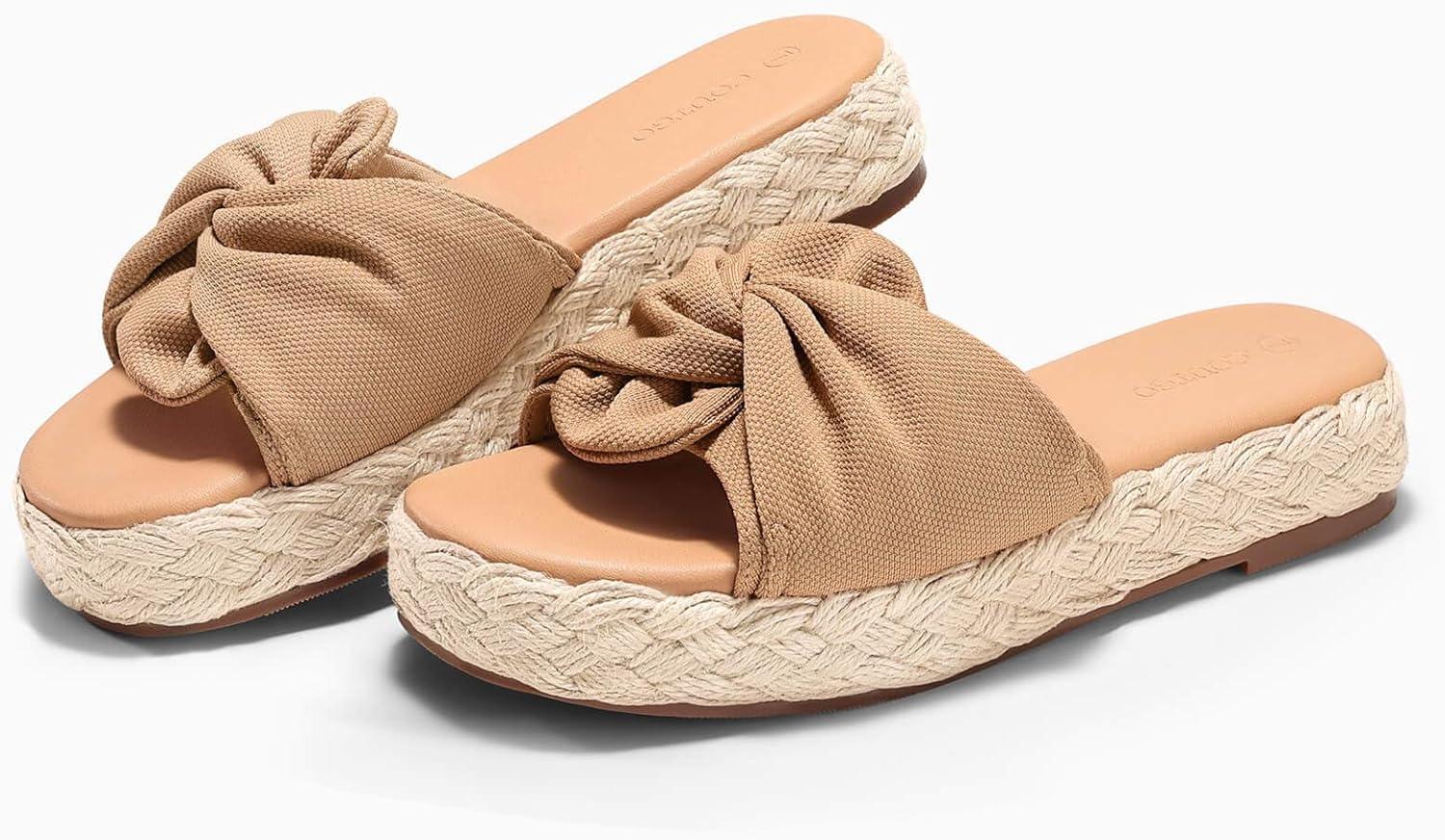 image:imageCoutgo Womens Platform Espadrilles Sandals Bow Twist Open Toe Slip On Slides Summer Beach ShoesKhaki