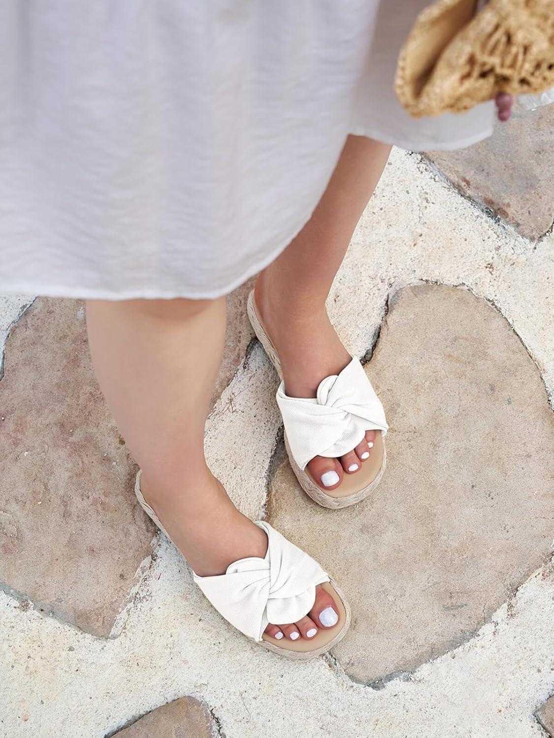 image:imageCoutgo Womens Platform Espadrilles Sandals Bow Twist Open Toe Slip On Slides Summer Beach ShoesWhite