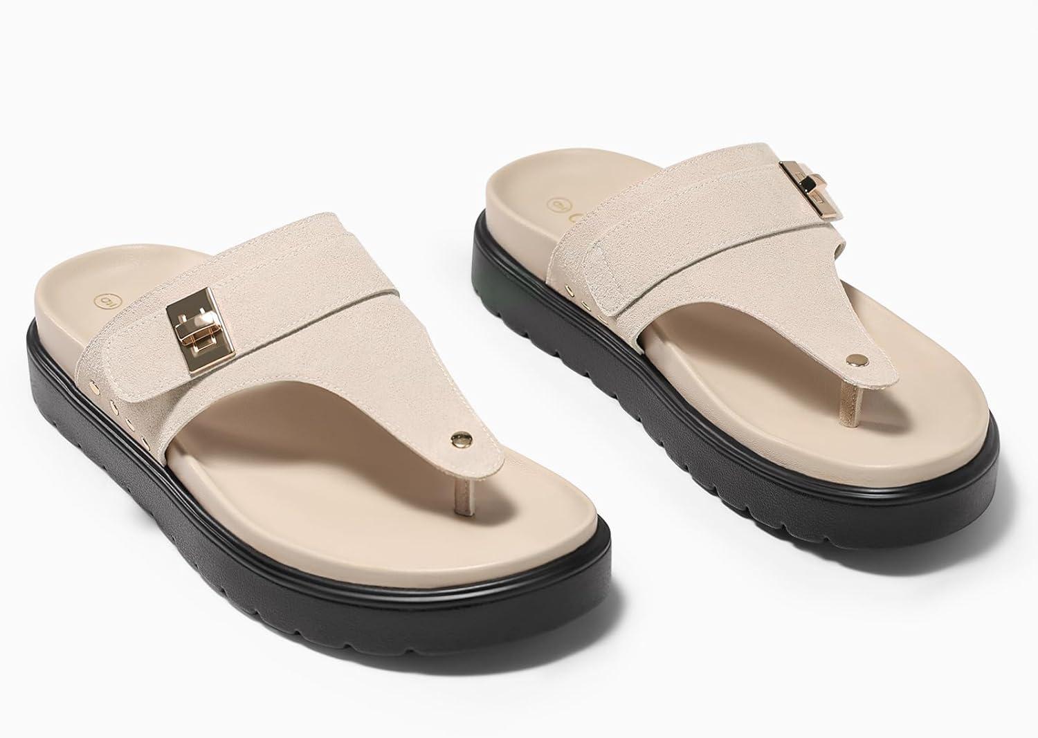 image:imageCoutgo Womens Platform Flip Flops Open Toe Thong Sandals Slip On Slides Summer Beach ShoesBeige