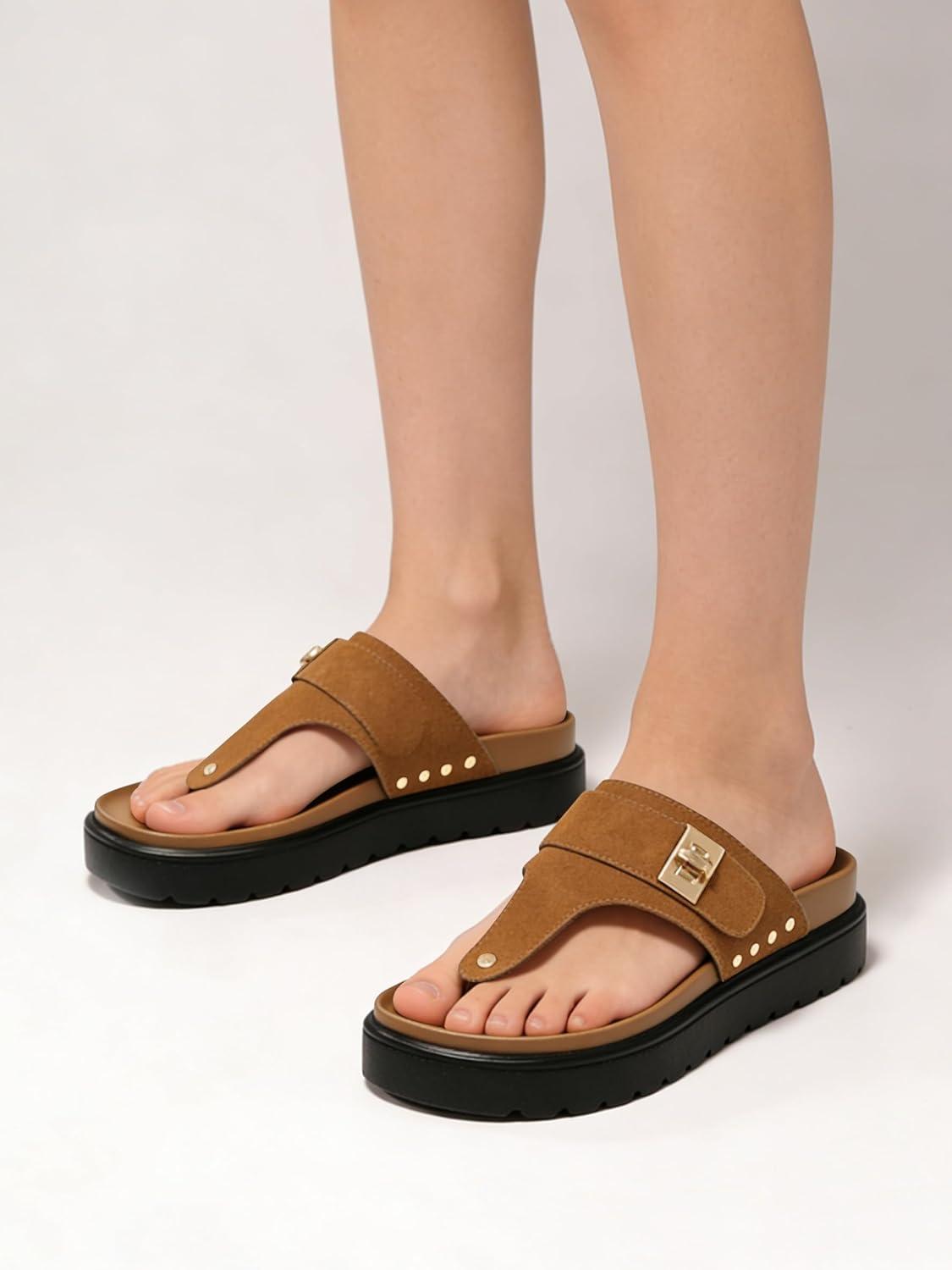 image:imageCoutgo Womens Platform Flip Flops Open Toe Thong Sandals Slip On Slides Summer Beach ShoesBrown