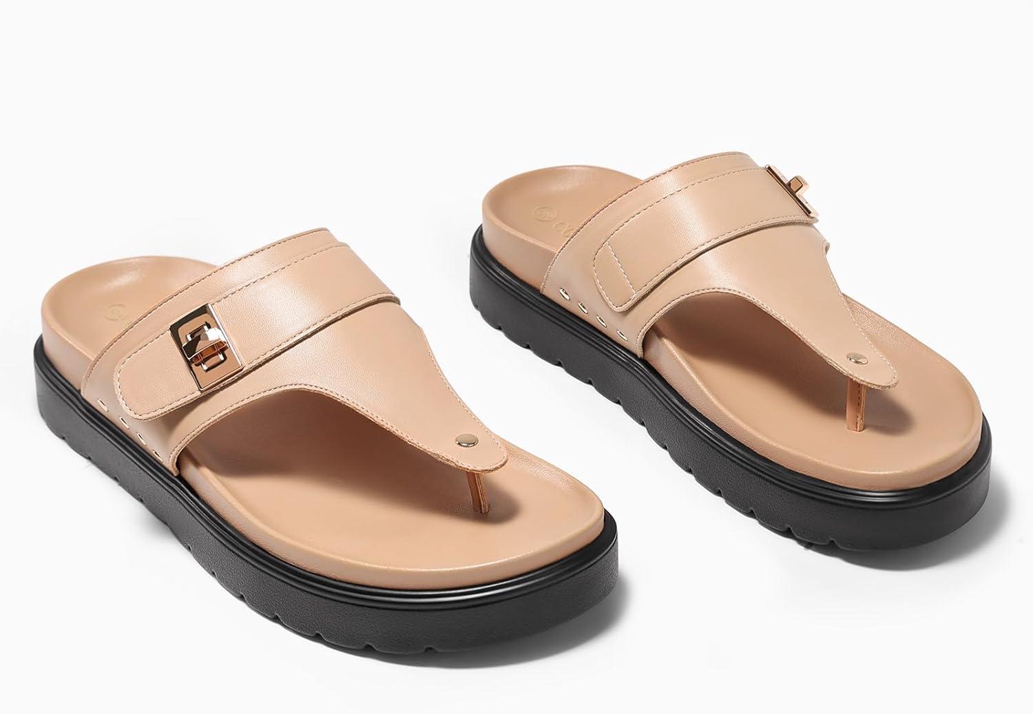 image:imageCoutgo Womens Platform Flip Flops Open Toe Thong Sandals Slip On Slides Summer Beach ShoesKhaki Leather