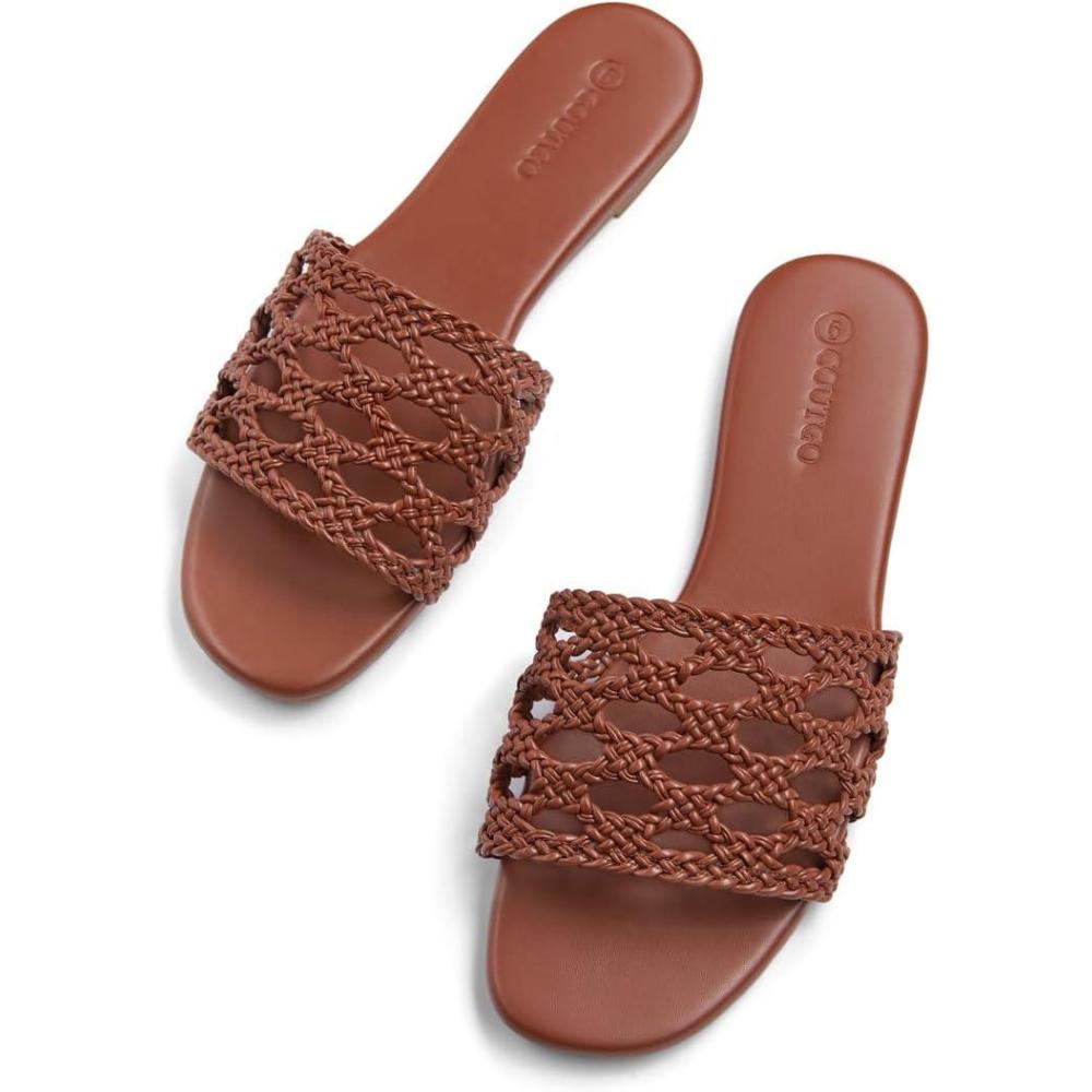 image:imageCoutgo Womens Flat Sandals Braided Open Square Toe Slip On Slide Sandals Dressy Beach Vacation ShoesBrown