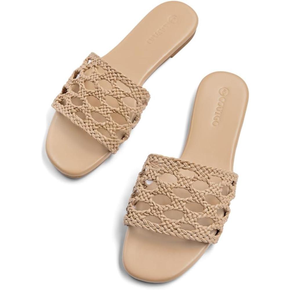image:imageCoutgo Womens Flat Sandals Braided Open Square Toe Slip On Slide Sandals Dressy Beach Vacation ShoesKhaki