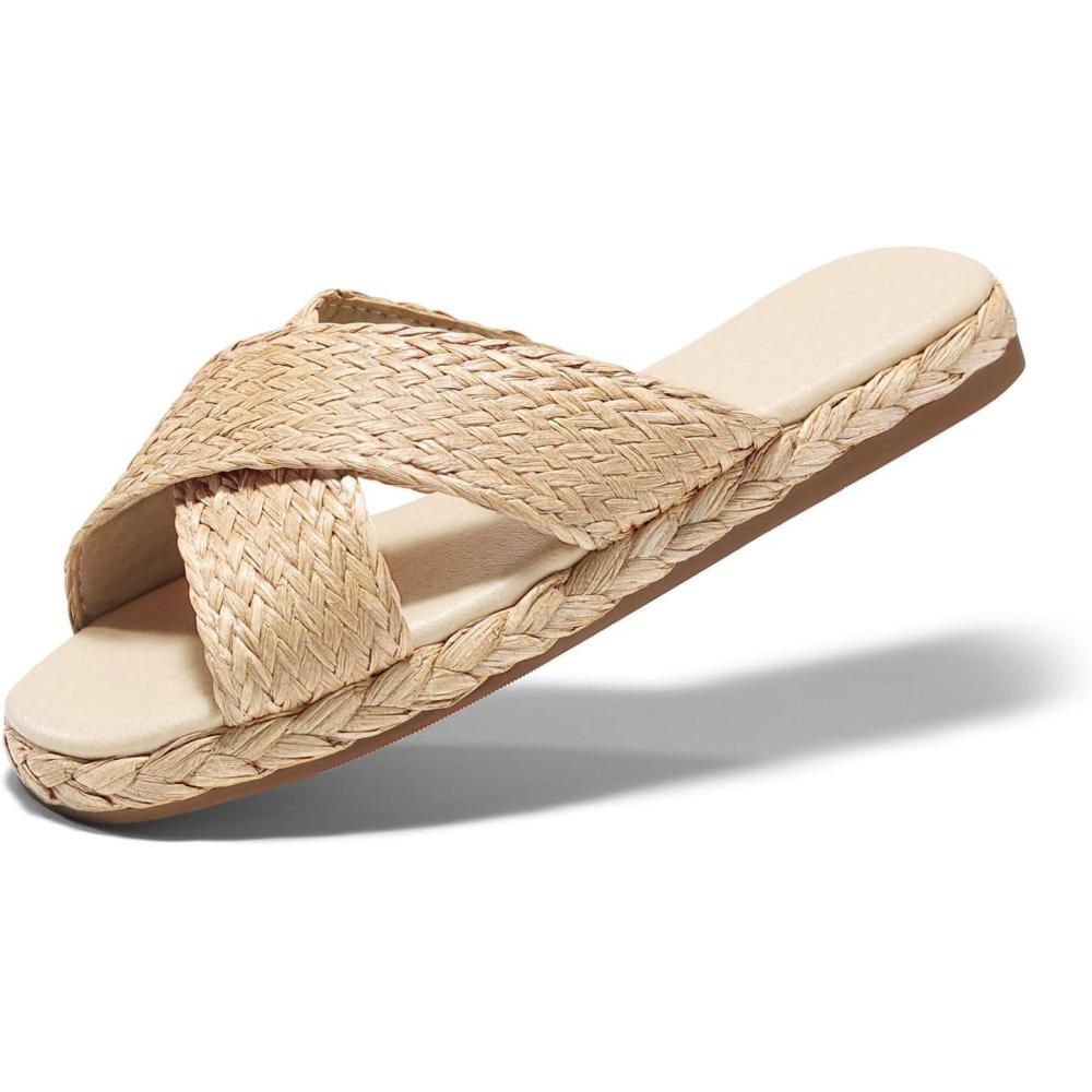 image:imageCoutgo Womens Flat Sandals Espadrilles Raffia Open Toe Slides Cross Strap Slip On Summer Dressy Beach ShoesSize Fits LargeApricot