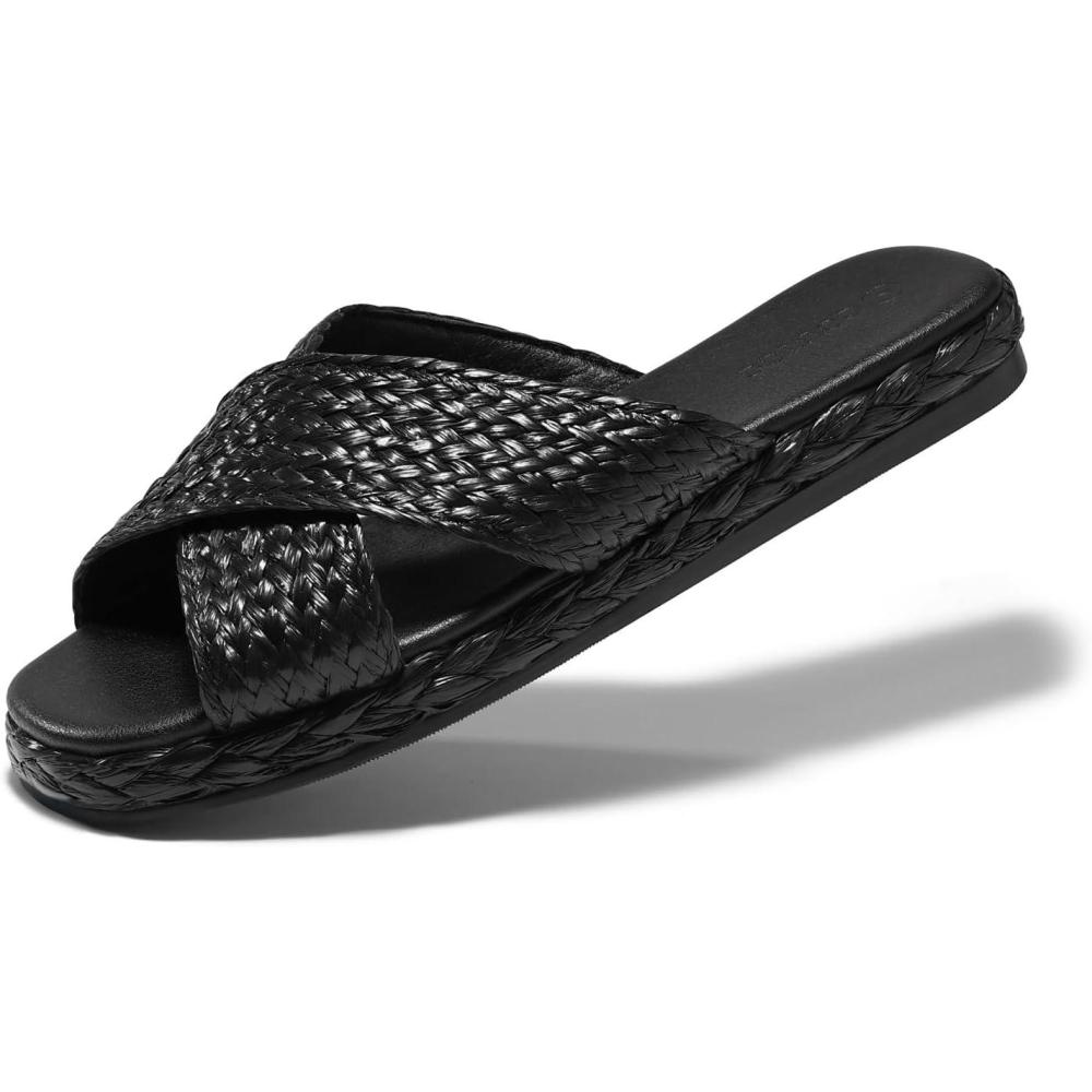 image:imageCoutgo Womens Flat Sandals Espadrilles Raffia Open Toe Slides Cross Strap Slip On Summer Dressy Beach ShoesSize Fits LargeBlack