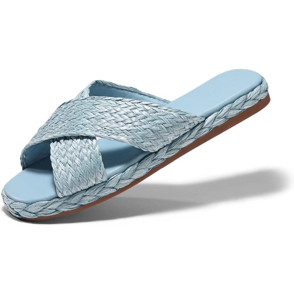 image:imageCoutgo Womens Flat Sandals Espadrilles Raffia Open Toe Slides Cross Strap Slip On Summer Dressy Beach ShoesSize Fits LargeBlue