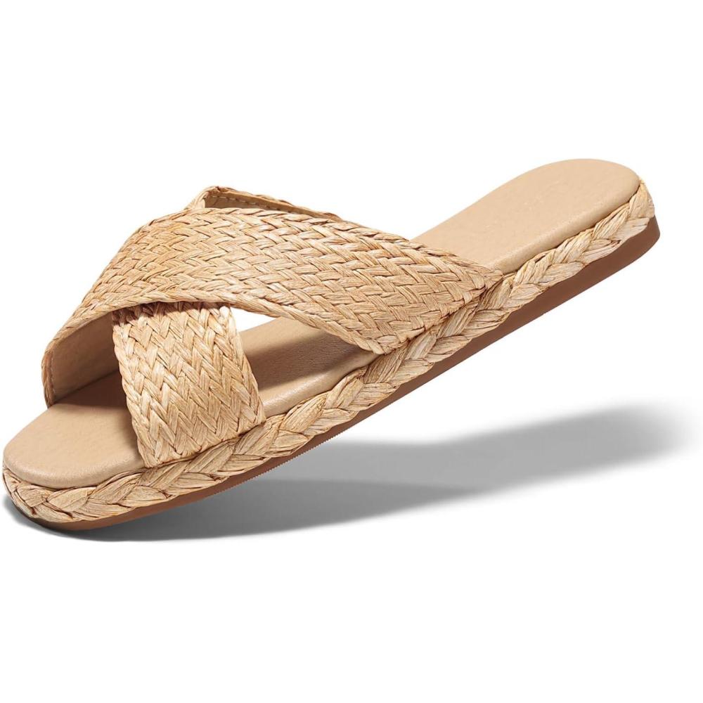image:imageCoutgo Womens Flat Sandals Espadrilles Raffia Open Toe Slides Cross Strap Slip On Summer Dressy Beach ShoesSize Fits LargeKhaki