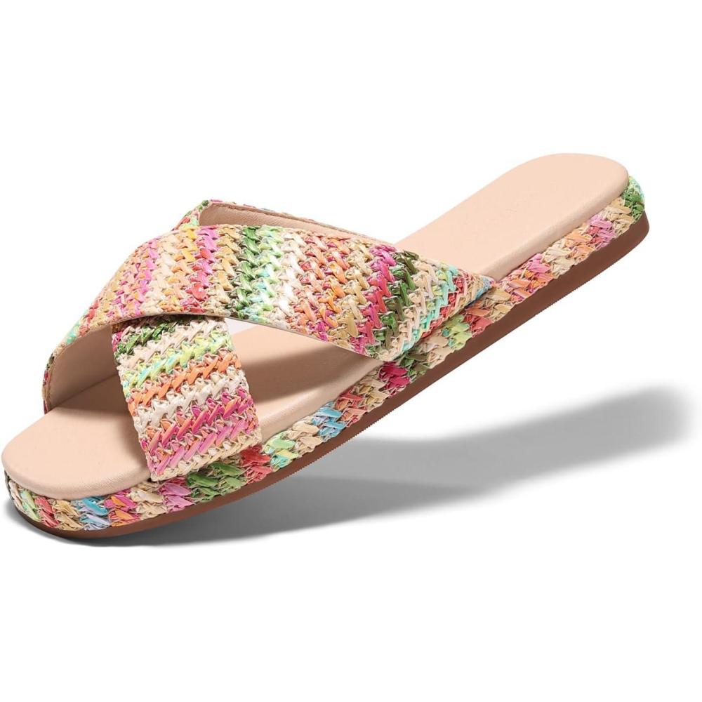 image:imageCoutgo Womens Flat Sandals Espadrilles Raffia Open Toe Slides Cross Strap Slip On Summer Dressy Beach ShoesSize Fits LargeMulticolored