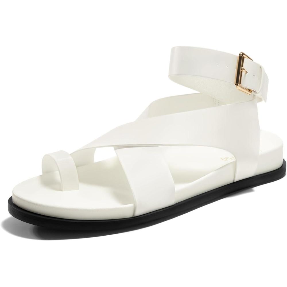 image:imageCoutgo Womens Flat Thong Sandals Beach Criss Cross Ankle Buckle Strap Comfortable Footbed Summer Sandal White Size 75