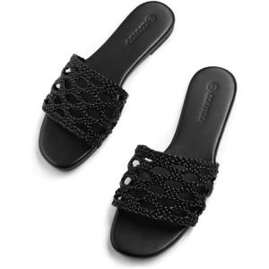 Coutgo Womens Flat Sandals Braided Open Square Toe Slip On Slide Sandals Dressy Beach Vacation Shoes(Black)