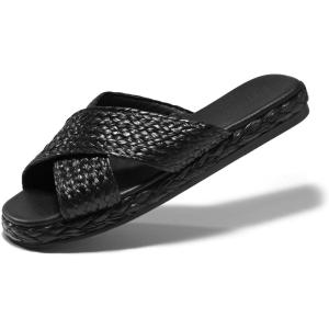 Coutgo Womens Flat Sandals Espadrilles Raffia Open Toe Slides Cross Strap Slip On Summer Dressy Beach Shoes,Size Fits Large(Black)