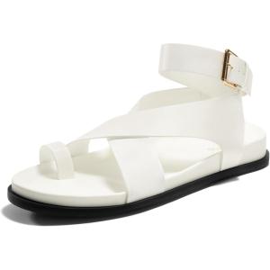 Coutgo Womens Flat Thong Sandals Beach Criss Cross Ankle Buckle Strap Comfortable Footbed Summer Sandal, White, Size 7.5