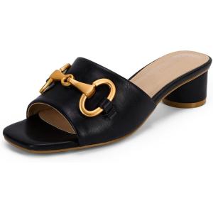 Coutgo Womens Heeled Slides Sandals Square Open Toe Slip on Comfortable Kitten Block Low Heel Metal Chain Dressy Shoes(Black)