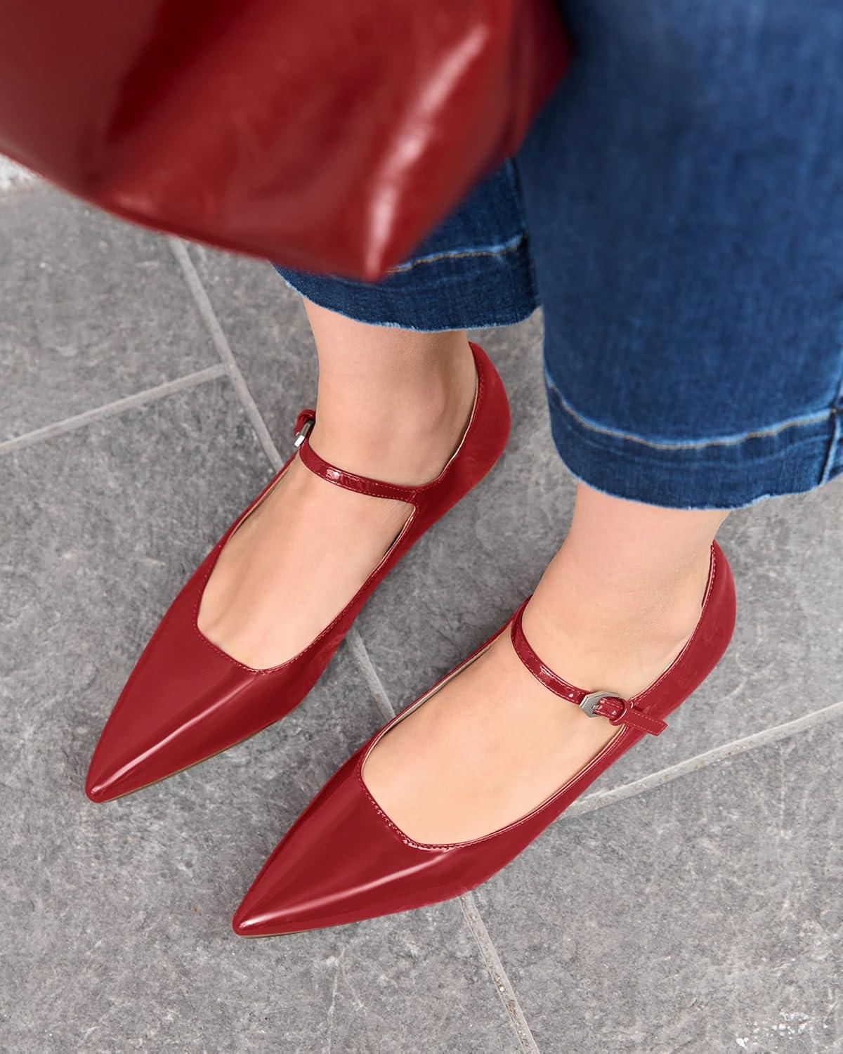 image:imageCoutgo Womens Mary Jane Flats Closed Pointed Toe Ballet Flats Ankle Strap Work Dress ShoesRed