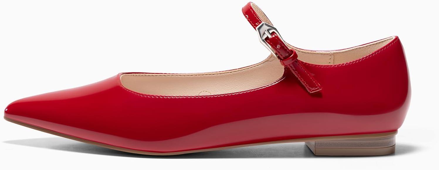image:imageCoutgo Womens Mary Jane Flats Closed Pointed Toe Ballet Flats Ankle Strap Work Dress ShoesRed