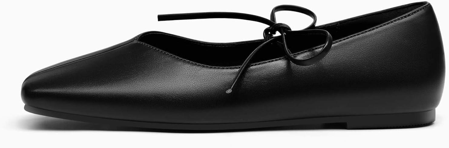 image:imageCoutgo Womens Mary Jane Flats Lace Up Square Toe Ballet Ballerina Flats Slip On Comfortable Dressy ShoesBlack Pu