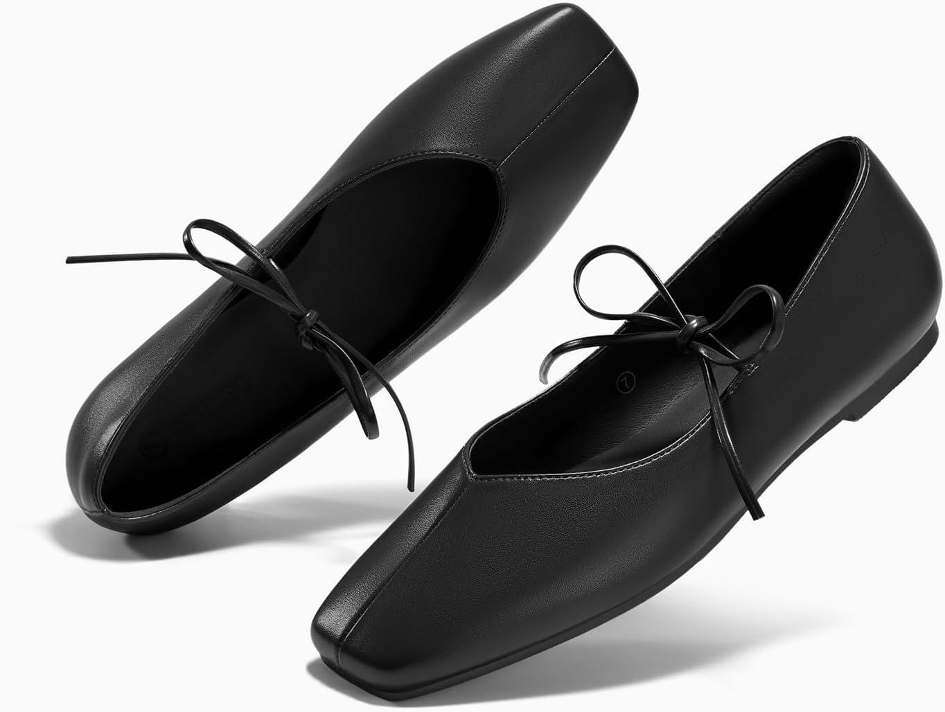 image:imageCoutgo Womens Mary Jane Flats Lace Up Square Toe Ballet Ballerina Flats Slip On Comfortable Dressy ShoesBlack Pu