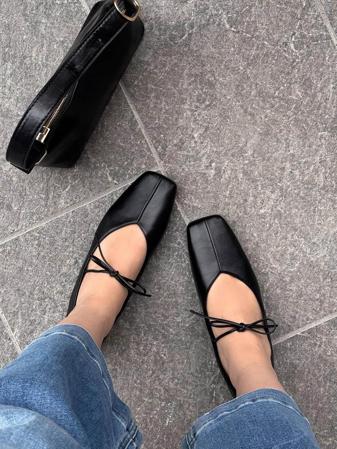 image:imageCoutgo Womens Mary Jane Flats Lace Up Square Toe Ballet Ballerina Flats Slip On Comfortable Dressy ShoesBlack Pu