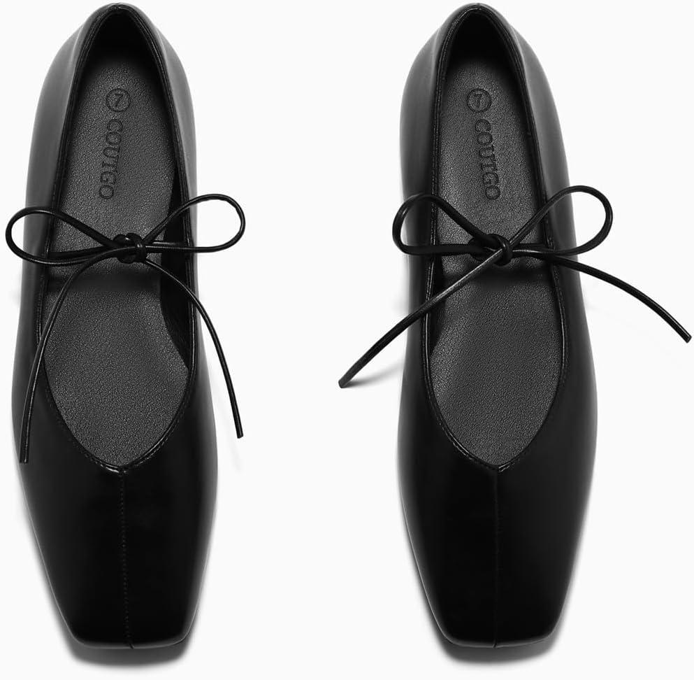 image:imageCoutgo Womens Mary Jane Flats Lace Up Square Toe Ballet Ballerina Flats Slip On Comfortable Dressy ShoesBlack Pu