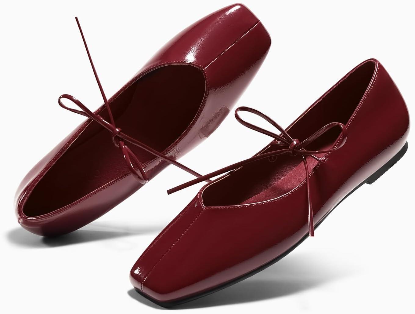 image:imageCoutgo Womens Mary Jane Flats Lace Up Square Toe Ballet Ballerina Flats Slip On Comfortable Dressy ShoesBurgundy Patent Leather