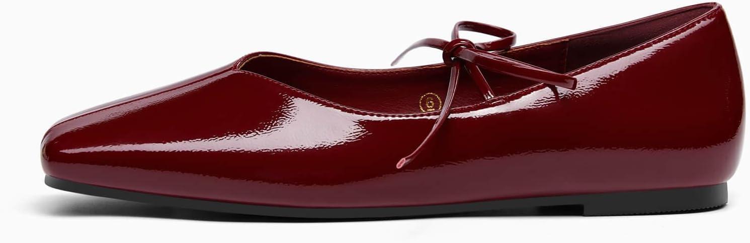 image:imageCoutgo Womens Mary Jane Flats Lace Up Square Toe Ballet Ballerina Flats Slip On Comfortable Dressy ShoesBurgundy Patent Leather