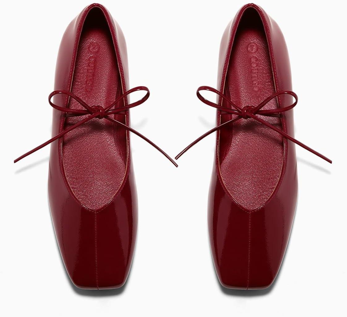 image:imageCoutgo Womens Mary Jane Flats Lace Up Square Toe Ballet Ballerina Flats Slip On Comfortable Dressy ShoesBurgundy Patent Leather