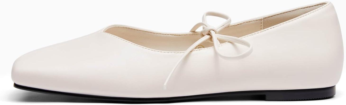 image:imageCoutgo Womens Mary Jane Flats Lace Up Square Toe Ballet Ballerina Flats Slip On Comfortable Dressy ShoesCream White Pu