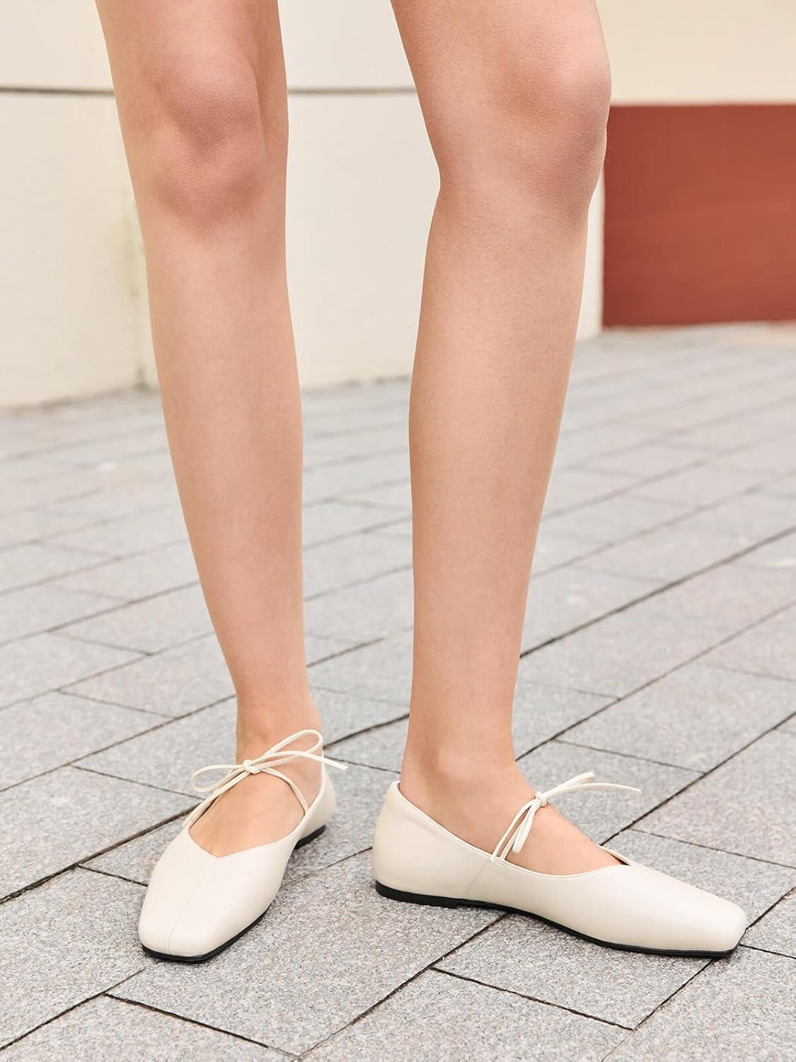 image:imageCoutgo Womens Mary Jane Flats Lace Up Square Toe Ballet Ballerina Flats Slip On Comfortable Dressy ShoesCream White Pu