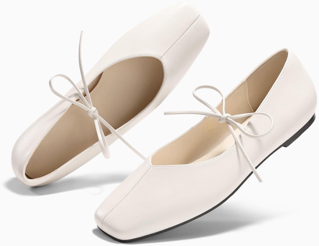 image:imageCoutgo Womens Mary Jane Flats Lace Up Square Toe Ballet Ballerina Flats Slip On Comfortable Dressy ShoesCream White Pu