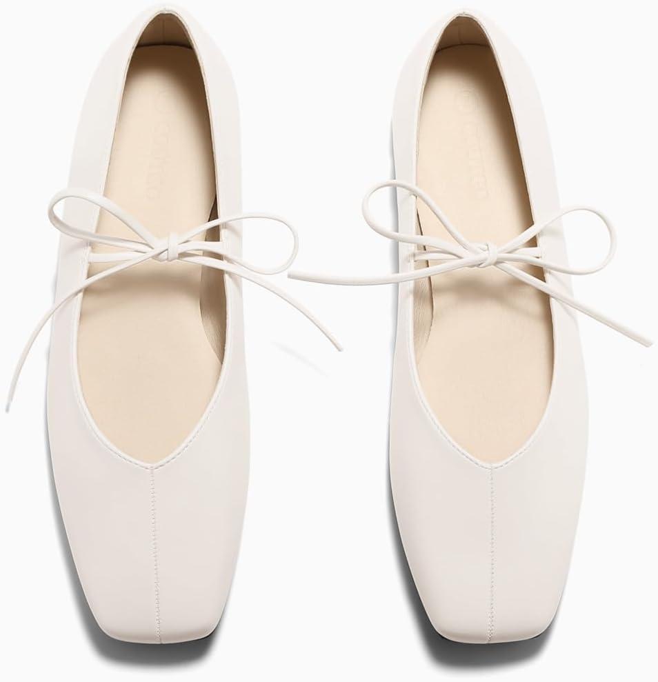 image:imageCoutgo Womens Mary Jane Flats Lace Up Square Toe Ballet Ballerina Flats Slip On Comfortable Dressy ShoesCream White Pu