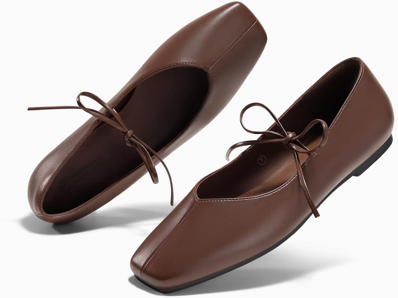 image:imageCoutgo Womens Mary Jane Flats Lace Up Square Toe Ballet Ballerina Flats Slip On Comfortable Dressy ShoesDark Brown Pu