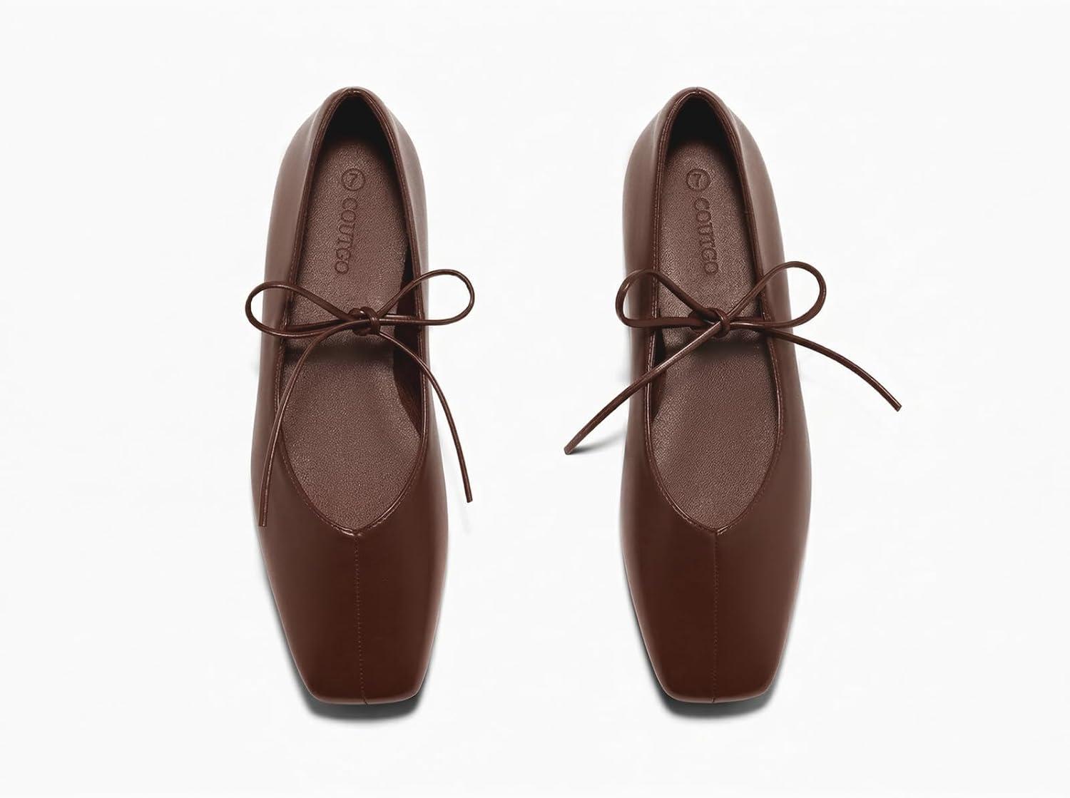 image:imageCoutgo Womens Mary Jane Flats Lace Up Square Toe Ballet Ballerina Flats Slip On Comfortable Dressy ShoesDark Brown Pu